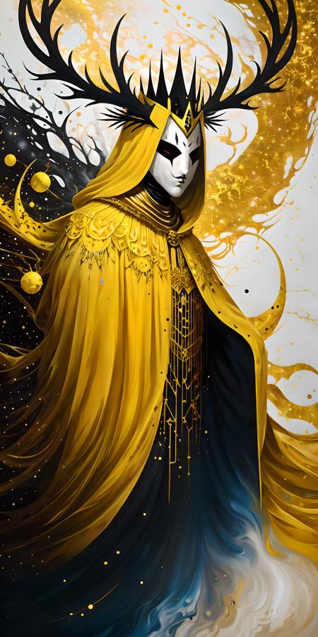 04339-940399617-a surreal paint splatter painting of the kinginyellow wearing a cloak and a mask, antlers, crown, cosmic background, gold and wh.png